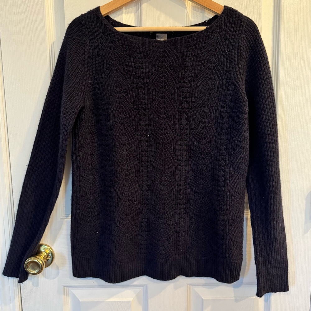 Ann Taylor Wool Cashmere Blend Navy Blue Pointelle Knit Sweater Size Small